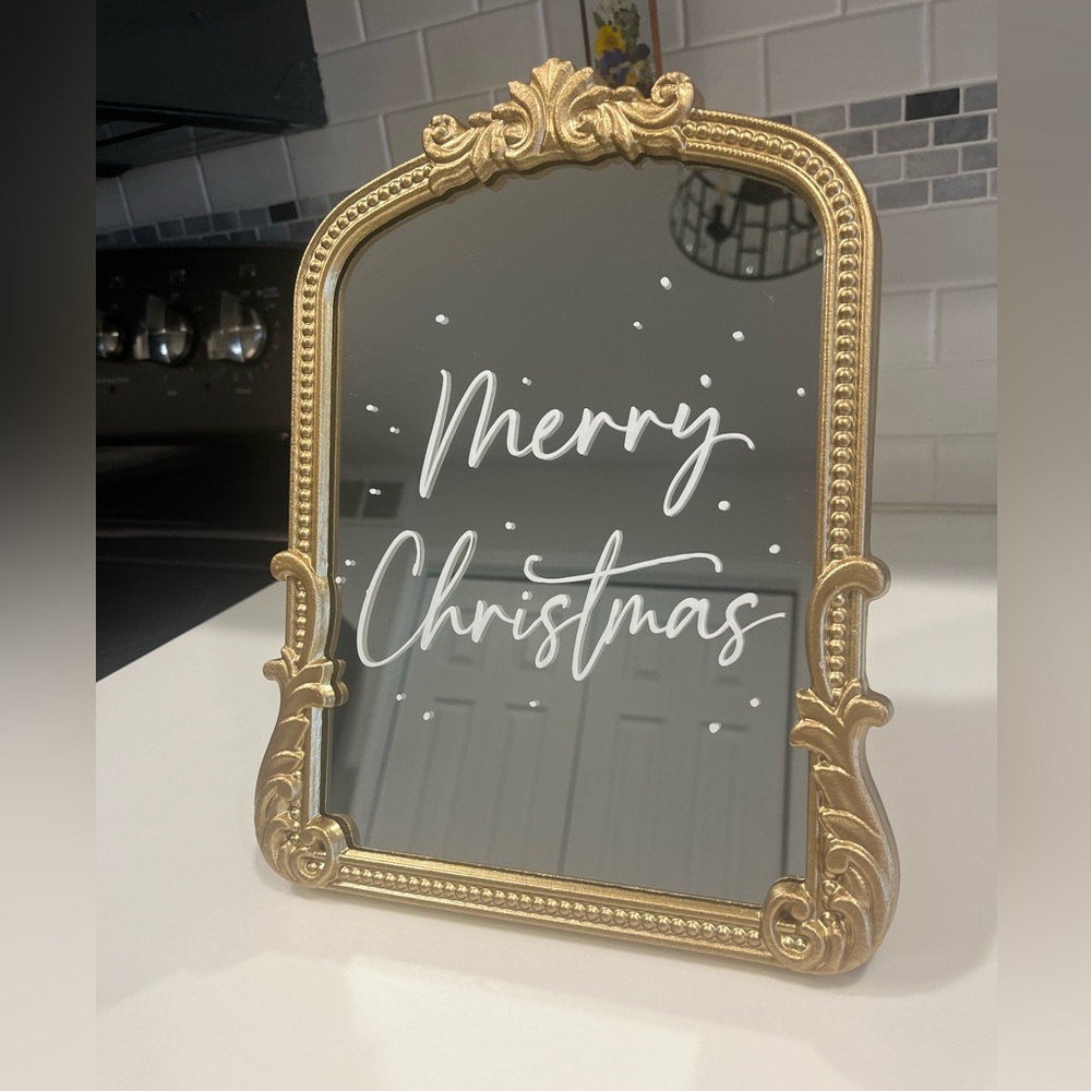 Merry Christmas Mirror, 12” tall, gold frame, BNWT, price firm